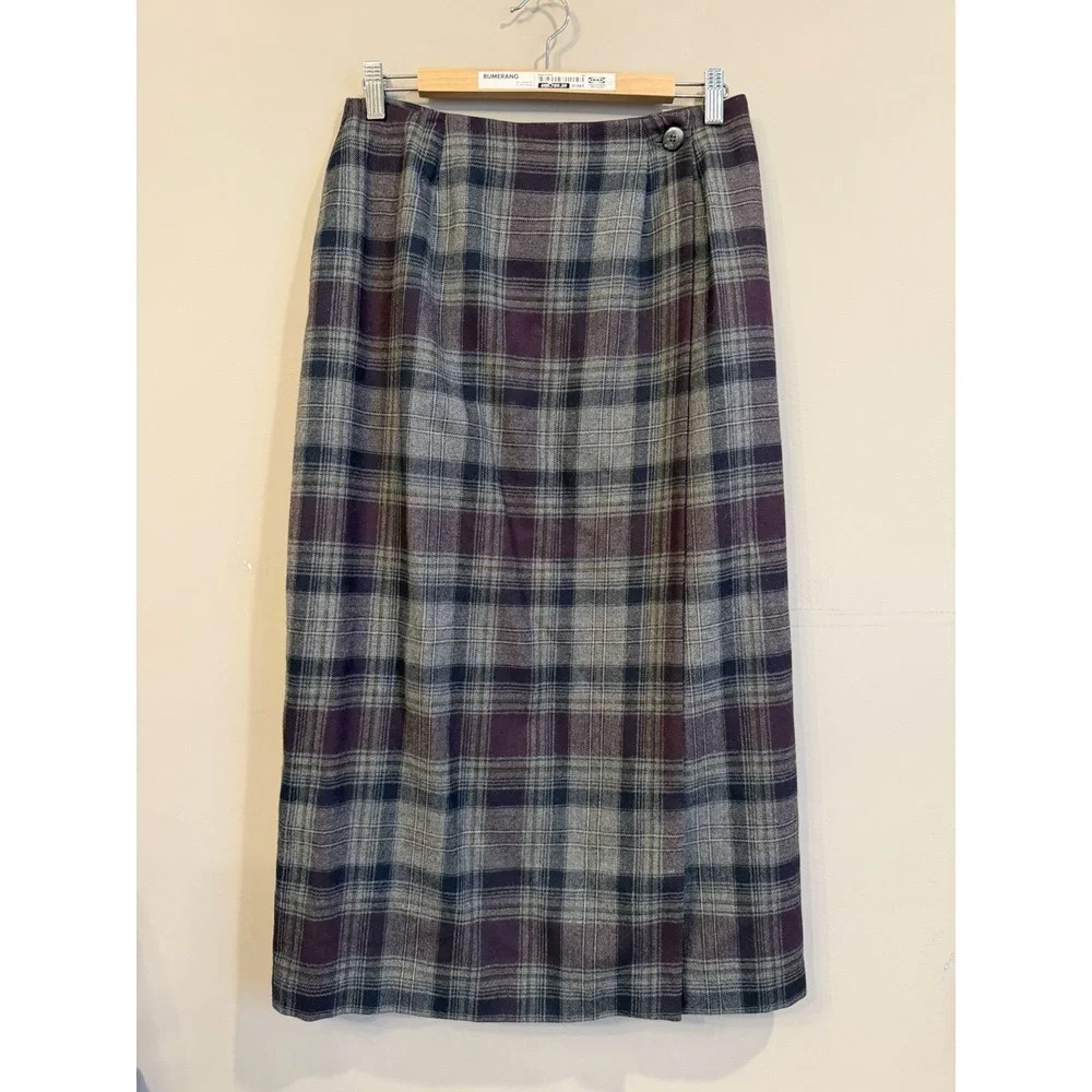 Vintage Talbots Purple Grey Plaid Wrap Skirt Wool Size 10